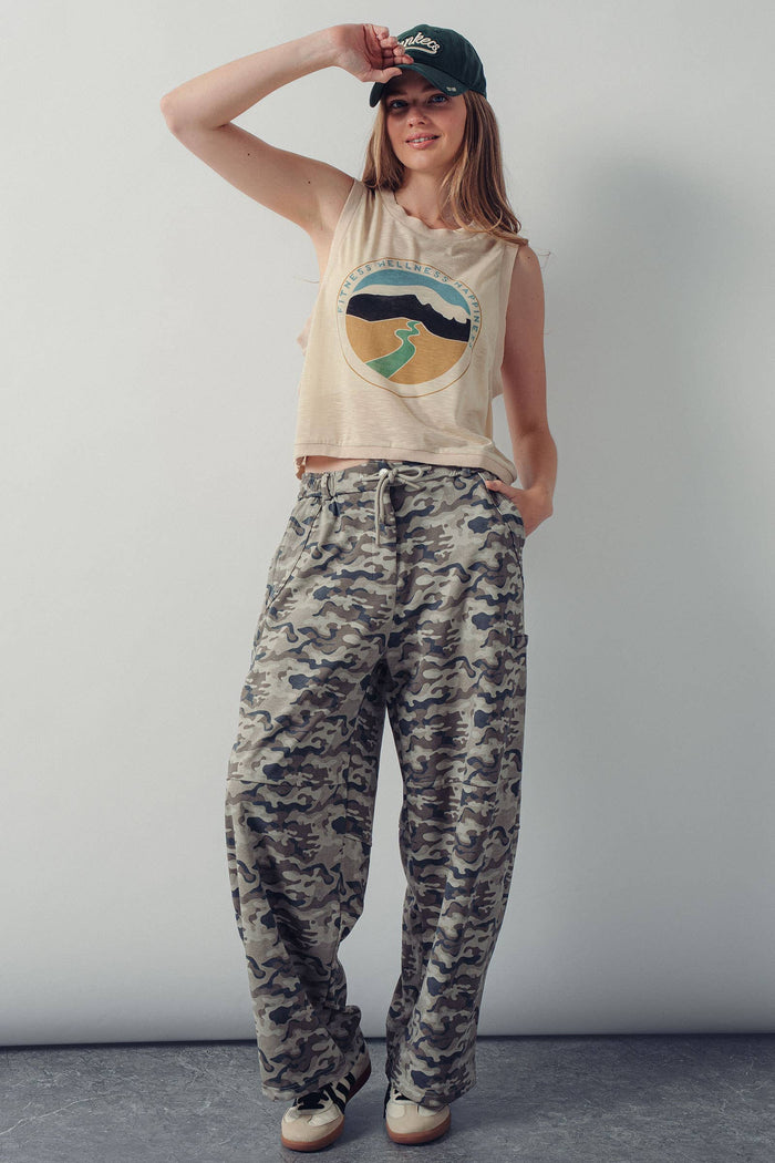 Maureen Camo Print Wide Leg Cargo Sweatpants