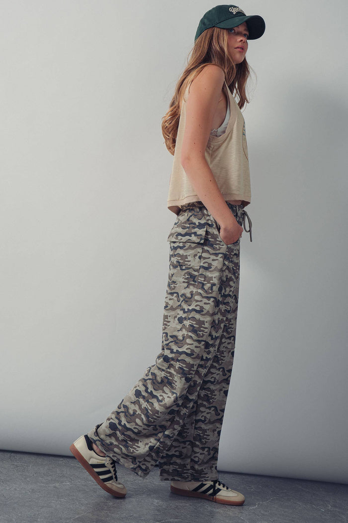Maureen Camo Print Wide Leg Cargo Sweatpants