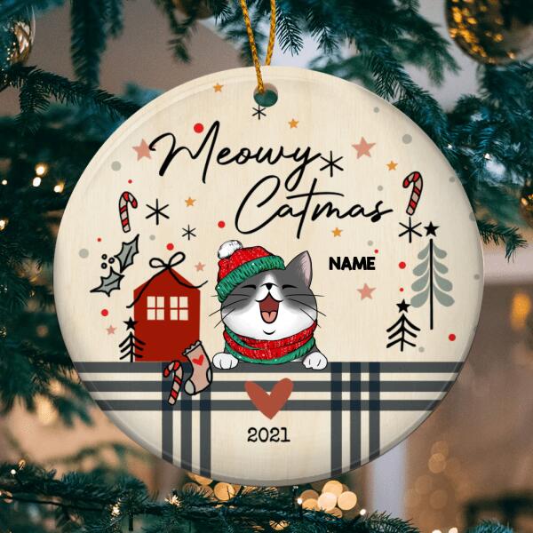 Meowy Catmas, Christmas Bauble, Circle Ceramic Ornament, Personalized Cat Breeds Ornament, Xmas Gifts For Cat Lovers
