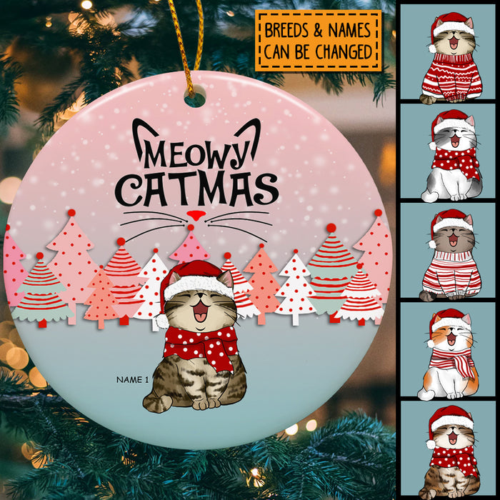 Meowy Catmas, Pine Forest Bauble, Circle Ceramic Ornament, Personalized Cat Breeds Ornament, Cat Lovers Gifts