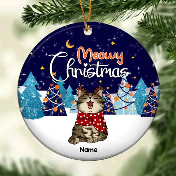 Meowy Christmas, Winter Night Forest, Personalized Cat Breeds Circle Ceramic Ornament, Xmas Gifts For Cat Lovers