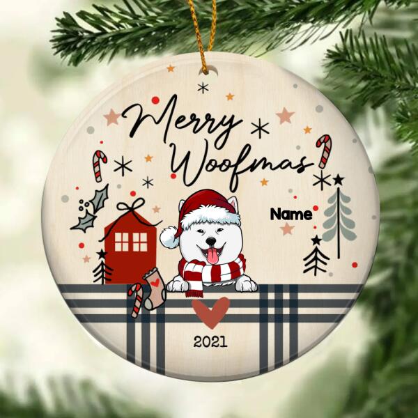 Merry Woofmas, Christmas Bauble, Circle Ceramic Ornament, Personalized Dog Breeds Ornament, Xmas Gifts For Dog Lovers