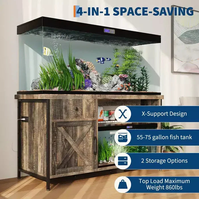 75 Gallon Aquarium Stand, Fish Tank Stand with Power Outlets & LED Light - Heavy Duty ReptileTank Stand With Storage Cabinet, Drawer & Shelf