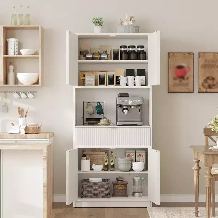 70 Tall Kitchen Pantry Cabinet, Fluted Wooden Cupboard Storage Cabinet with Adjustable Shelves, Freestanding Bathroom Storage Cabinet