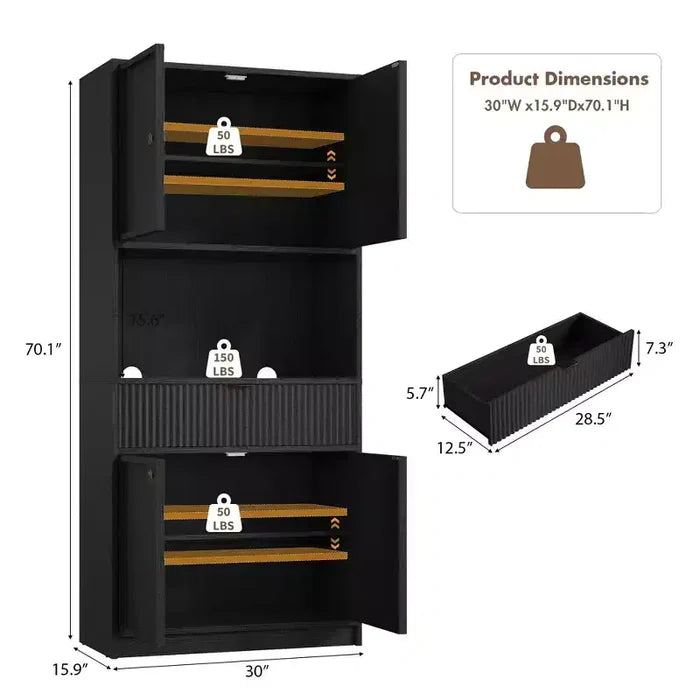 70 Tall Kitchen Pantry Cabinet, Fluted Wooden Cupboard Storage Cabinet with Adjustable Shelves, Freestanding Bathroom Storage Cabinet
