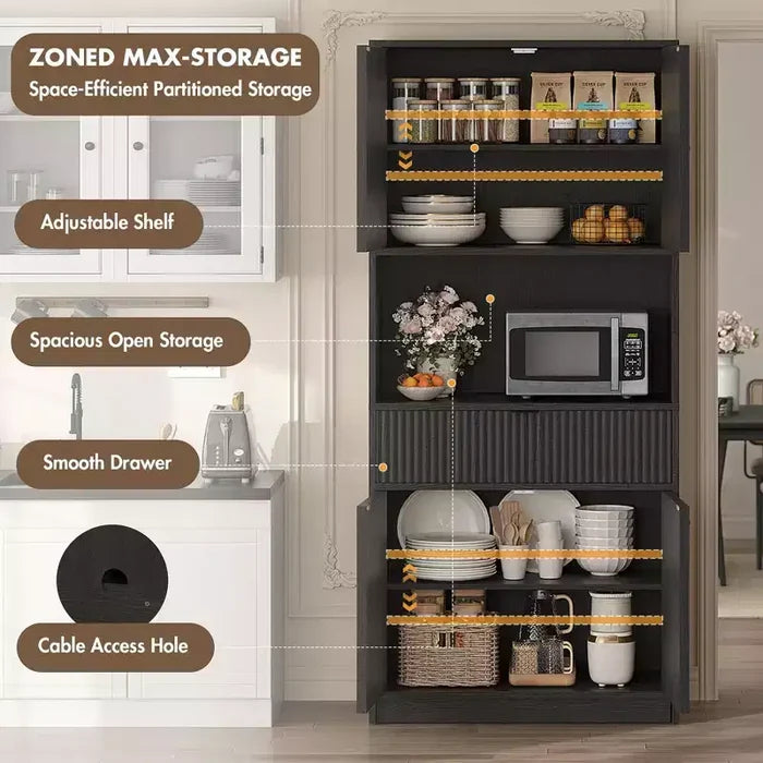 70 Tall Kitchen Pantry Cabinet, Fluted Wooden Cupboard Storage Cabinet with Adjustable Shelves, Freestanding Bathroom Storage Cabinet