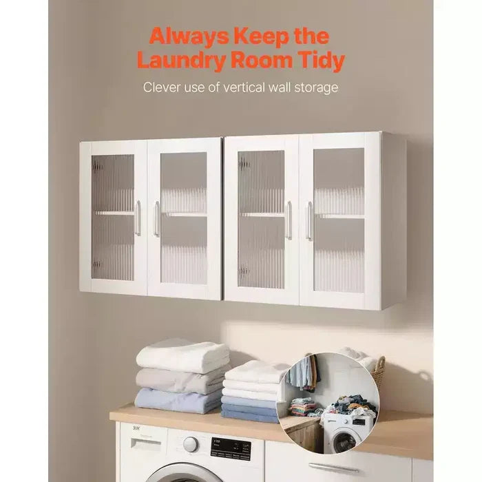 VEVOR Laundry Room Wall Cabinet, 2-Tier Wall Mounted Cabinet with Adjustable Shelf, Cupboard Storage with 4 Doors, Set of 2, White