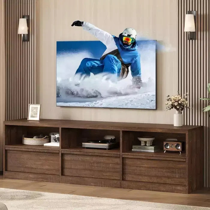 70 inch TV Stand for 80 TVs, Mid Century Modern Entertainment Center with Storage Drawer & Open Shelves, Wood Media Console Cabinet for Living Room