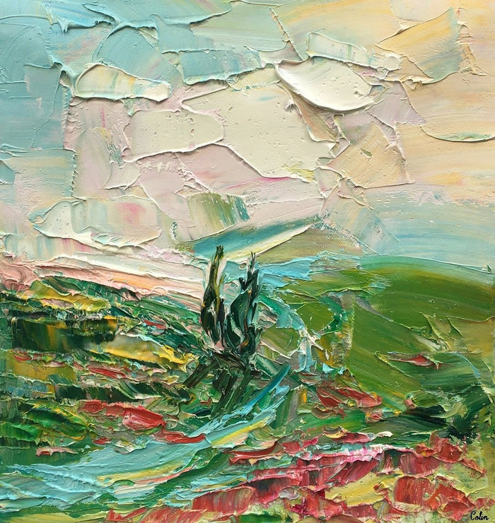 Mountain and Flower Painting, Abstract Painting, Small Painting, Heavy Texture Oil Painting, 12X12 inch-Paintingforhome