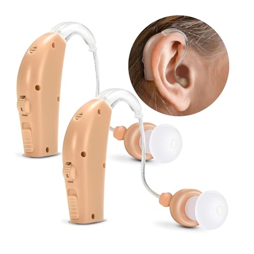 Twin pack of beige MSA Pro hearing amplifiers with behind-the-ear design and soft white ear tips shown in ear usage inset