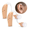 Twin pack of beige MSA Pro hearing amplifiers with behind-the-ear design and soft white ear tips shown in ear usage inset