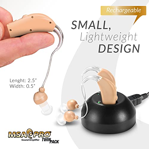 MSA Pro Hearing Amplifier twin pack with small, lightweight beige design, rechargeable with charging base and earpieces