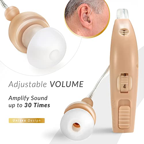 MSA Pro hearing amplifier with adjustable volume control and beige earbud designed to amplify sound up to 30 times