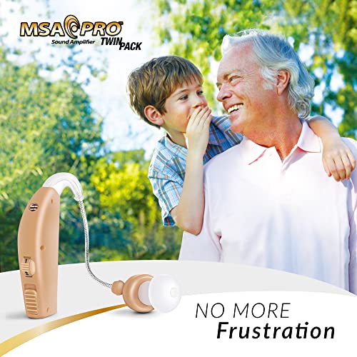 MSA Pro Hearing Amplifier twin pack with beige device and smiling elderly man with child outdoors background