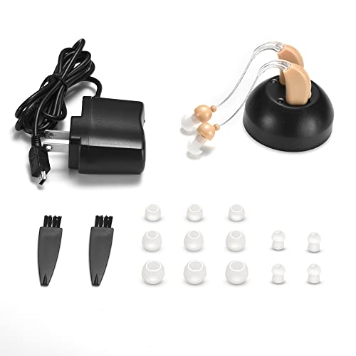 MSA Pro Hearing Amplifier twin pack with charging dock, power adapter, cleaning brushes, and multiple ear tips on white background