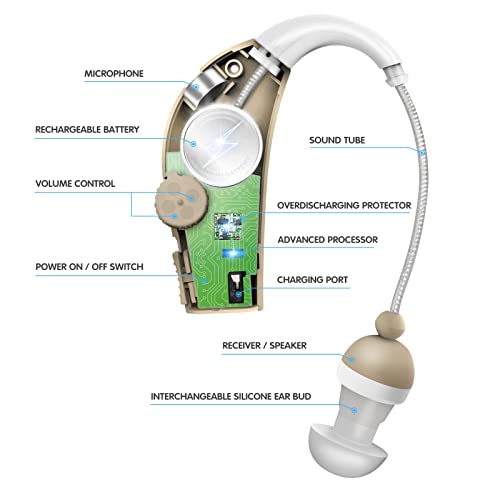 Cutaway view of MSA Pro Hearing Amplifier showing labeled internal parts including rechargeable battery and volume control