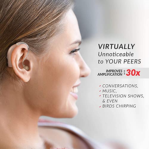 Woman wearing MSA Pro Nude hearing amplifier behind ear with sound amplification and benefit text alongside