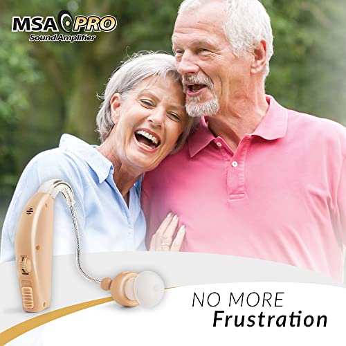 MSA Pro Nude Hearing Amplifier beige device with clear tube and earbud next to smiling elderly couple outdoors