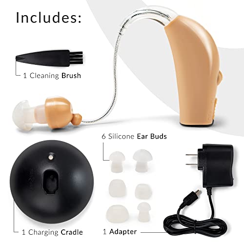 MSA Pro Nude Hearing Amplifier with charging cradle, adapter, six silicone ear buds, and cleaning brush on white background