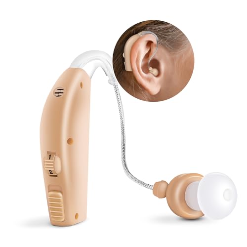 MSA Pro Nude Hearing Amplifier in beige with volume control and earbud, shown worn behind ear on white background