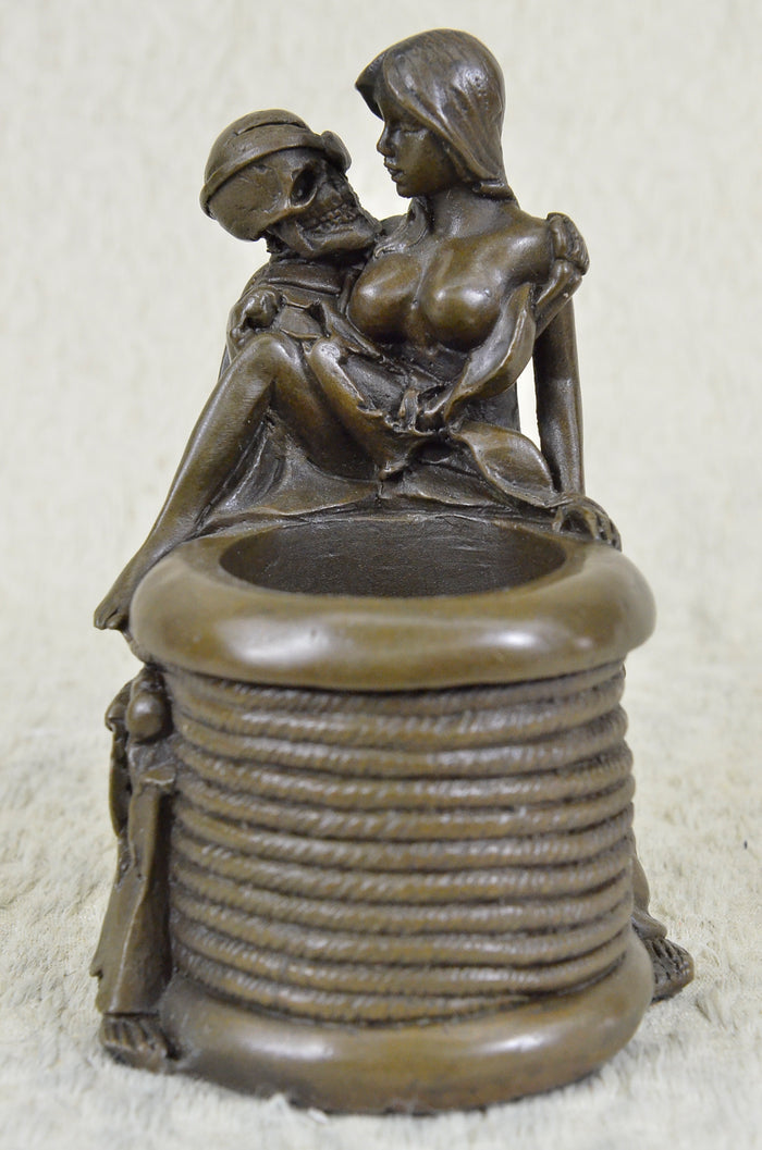 Museum Quality Skull In Love w/ A Sexy Gal Bronze Sculpture Pen Holder Figurine