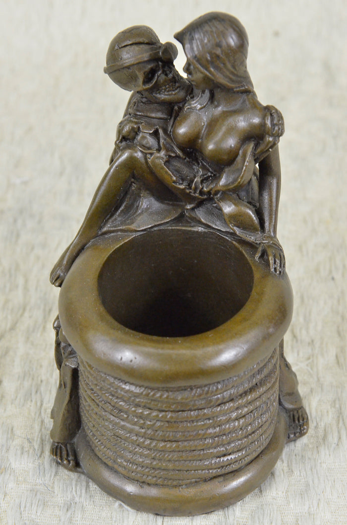Museum Quality Skull In Love w/ A Sexy Gal Bronze Sculpture Pen Holder Figurine
