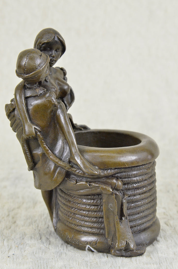 Museum Quality Skull In Love w/ A Sexy Gal Bronze Sculpture Pen Holder Figurine