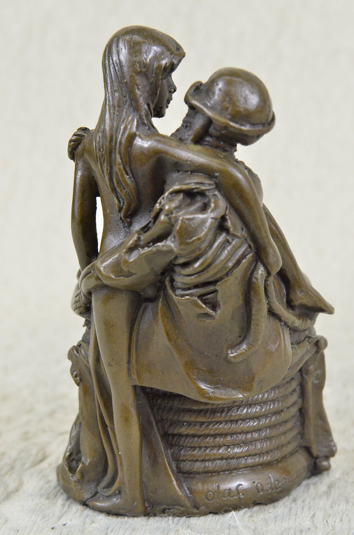 Museum Quality Skull In Love w/ A Sexy Gal Bronze Sculpture Pen Holder Figurine