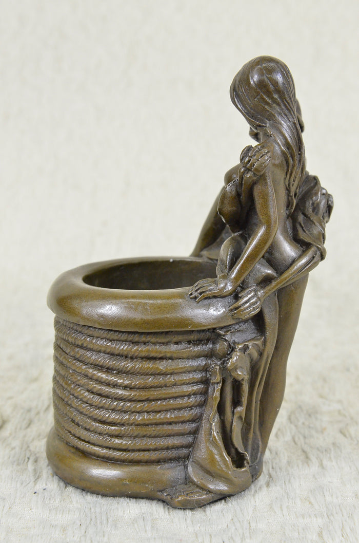 Museum Quality Skull In Love w/ A Sexy Gal Bronze Sculpture Pen Holder Figurine