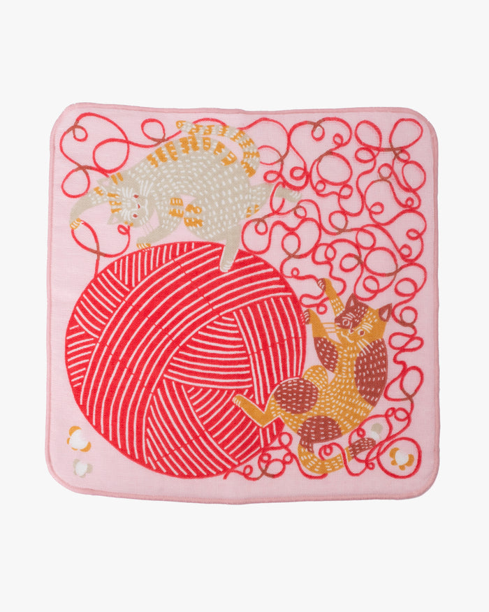 Musubi, Fuwa-Fuwa Towel, Kata Kata, Cat & Yarn, Pink, 10" x 10"