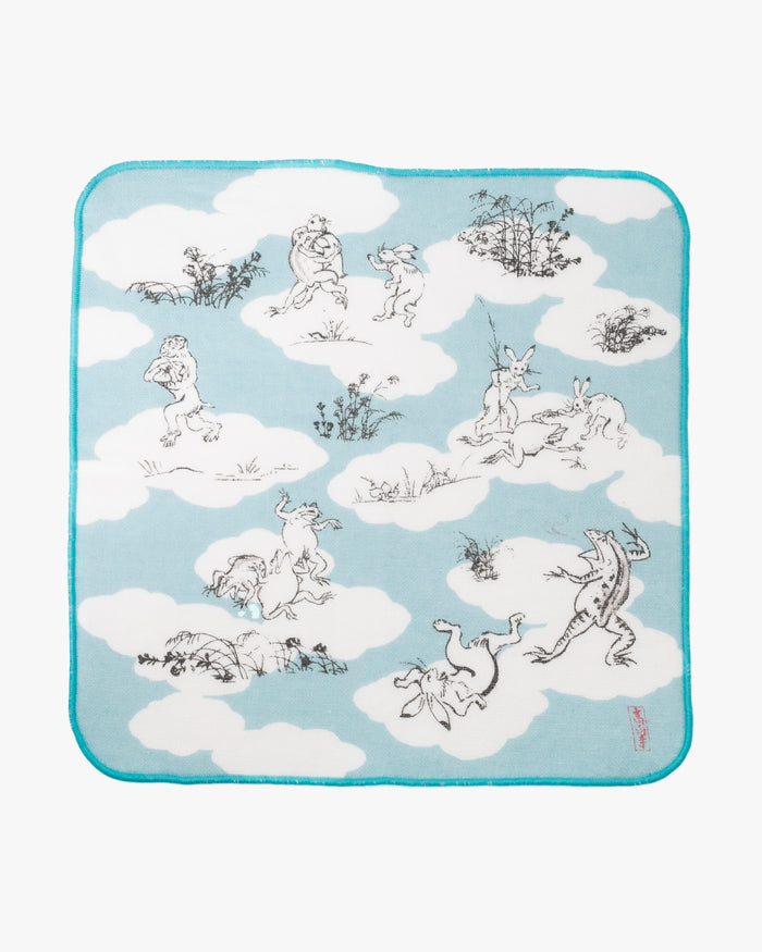 Musubi, Gauze Pile Handkerchief, Choju Jinbutsu Giga, Sumo, Blue, 10" x 10"