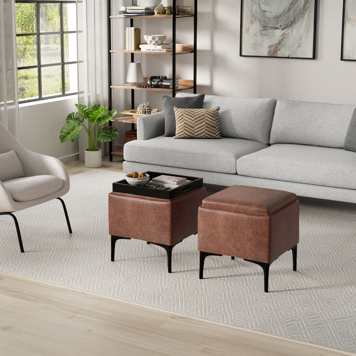 Distressed Saddle Brown Distressed Vegan Leather | Natasha Storage Ottoman with Tray in Distressed Vegan Leather