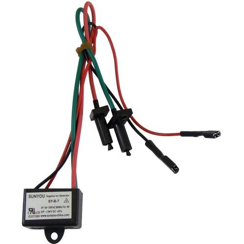 Negative Ion Generator WG1406/ION/RP unit with black casing and red, green, and black wiring connectors isolated on white