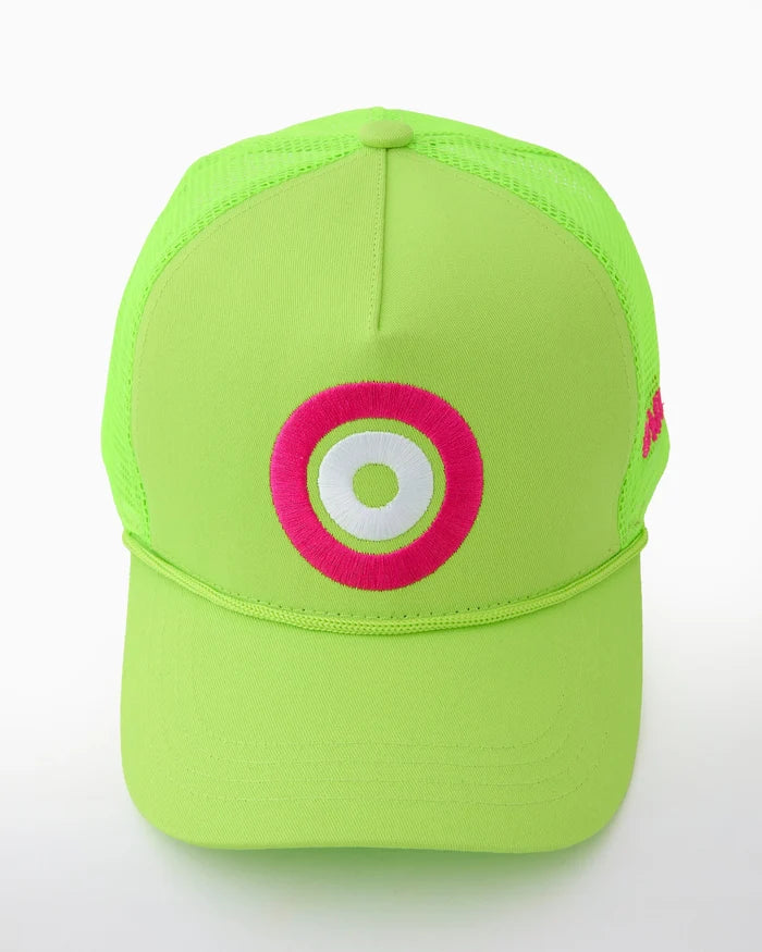 Green mahjong cap with a pink and white circular logo on a white background