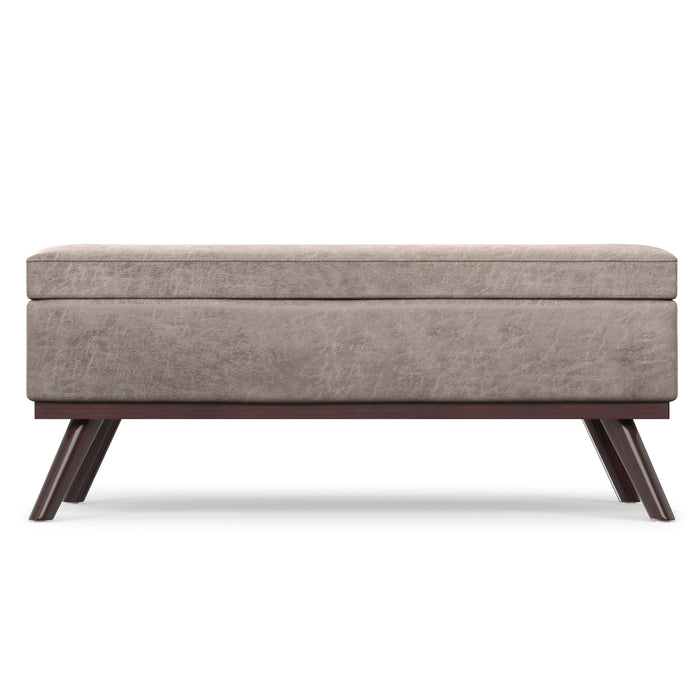 Distressed Grey Taupe Distressed Vegan Leather | Owen Lift Top Large Coffee Table Storage Ottoman