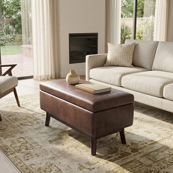 Distressed Chestnut Brown Distressed Vegan Leather | Owen Small Rectangular Storage Ottoman in Distressed Vegan Leather