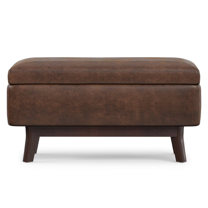 Distressed Chestnut Brown Distressed Vegan Leather | Owen Small Rectangular Storage Ottoman in Distressed Vegan Leather