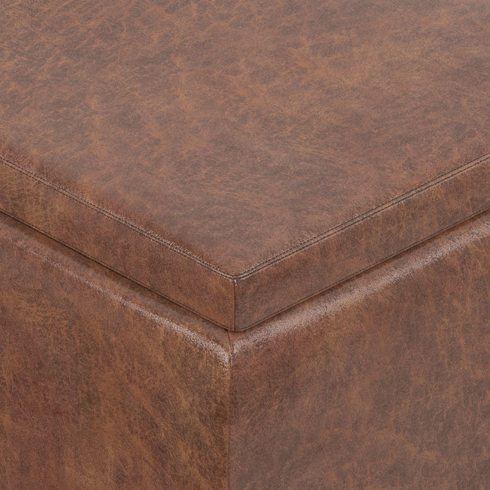 Distressed Saddle Brown Distressed Vegan Leather | Owen Tray Top Small Coffee Table Storage Ottoman
