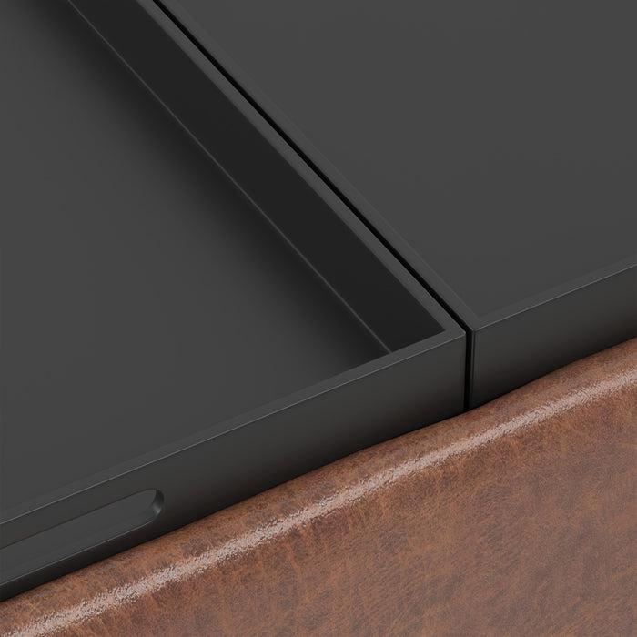 Distressed Saddle Brown Distressed Vegan Leather | Owen Tray Top Small Coffee Table Storage Ottoman
