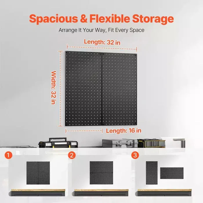 VEVOR Metal Pegboard Panels, 32 x 16 Pegboard, 2 Panels, Heavy Duty Steel Peg Board Wall Organizer,Black