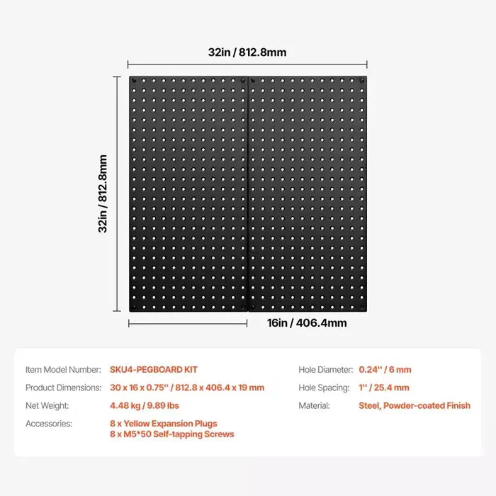 VEVOR Metal Pegboard Panels, 32 x 16 Pegboard, 2 Panels, Heavy Duty Steel Peg Board Wall Organizer,Black