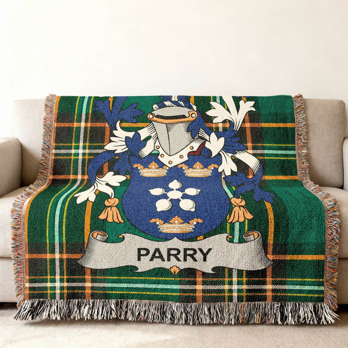 Parry family crest on an Irish National Tartan woven cotton throw.