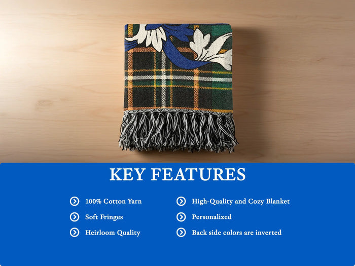 Key features of the Parry 100% cotton woven blanket with fringed edges.