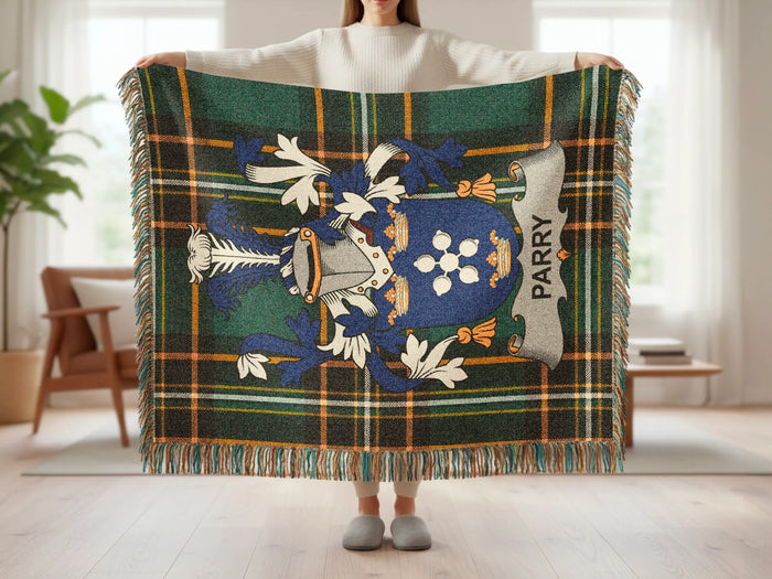 Parry family crest tartan woven blanket shown at full scale.