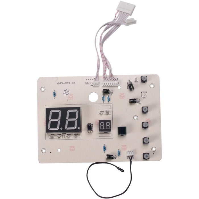 PC Control Board Front YN008 with digital display, buttons, sensors, and connector wires isolated on white background