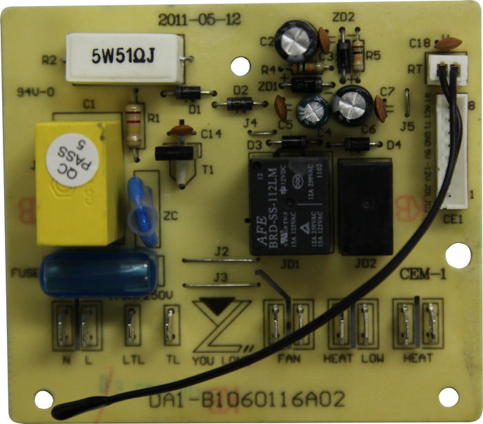 PC Control Board Rear A4998 RP with capacitors, relays, resistors, connectors, and wire harness on yellow circuit board