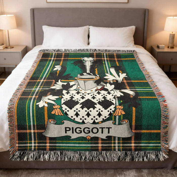 Piggott family crest on a green plaid woven blanket with fringed edges.