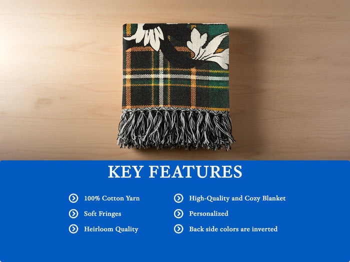 Plaid throw blanket with white floral detail and fringe, featuring key features list.