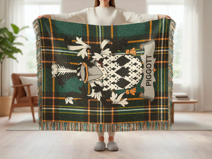Green plaid blanket with Piggott family crest and fringe.