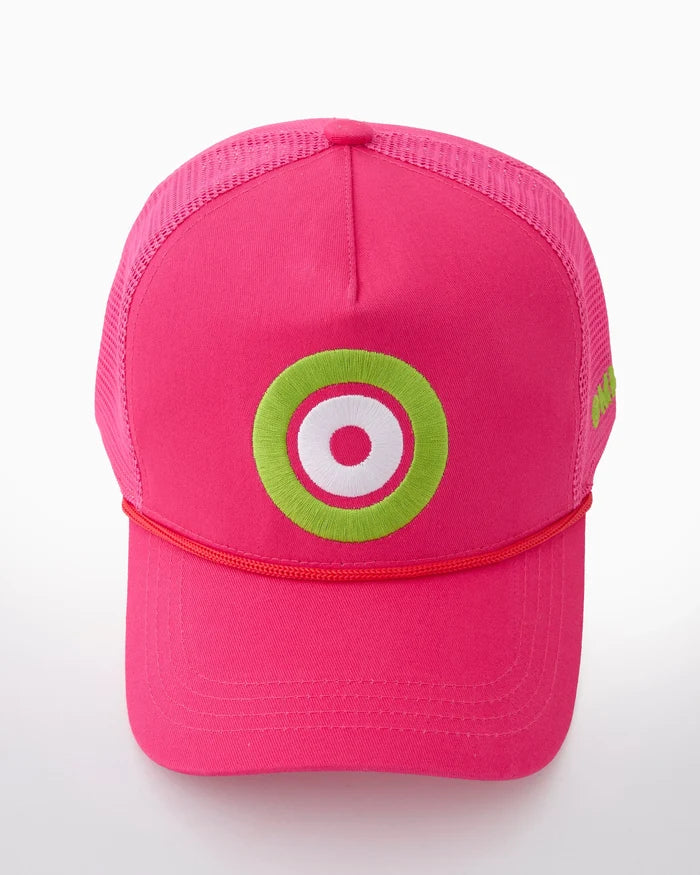 Pink mahjong cap with a green and white target-like logo on a white background